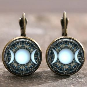 New Triple Moon Goddess Glass Cab Bronze Earrings